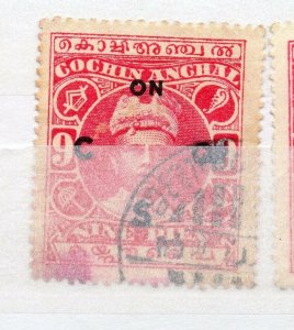 India Cochin 1919-33 Early Issue used Shade of 9p. Optd NW-15844