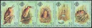 Seychelles #483, Complete Set, Strip of 5, 1982, Birds, Never Hinged