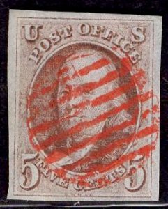 US Stamp #1 Red Brown USED w/ + $50 Orange Red Cancel  SSCV $400. WIDE Margins