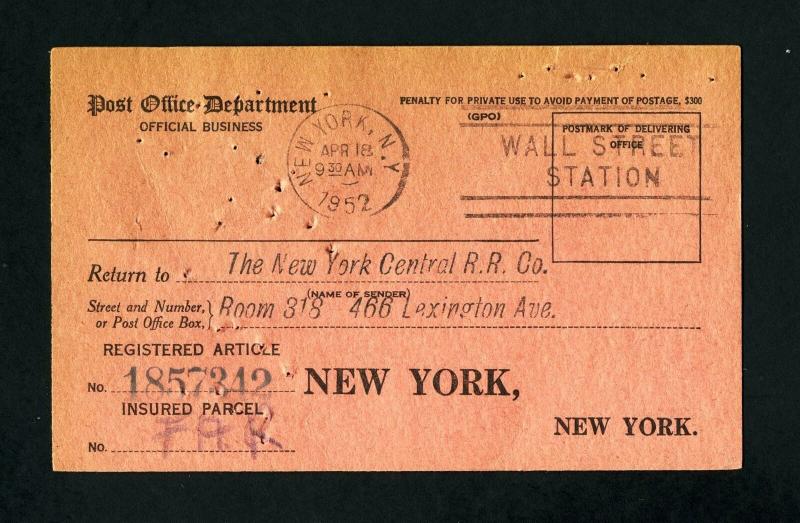 Return Receipt Card from New York, NY to New York, New York dated 4-18-1952