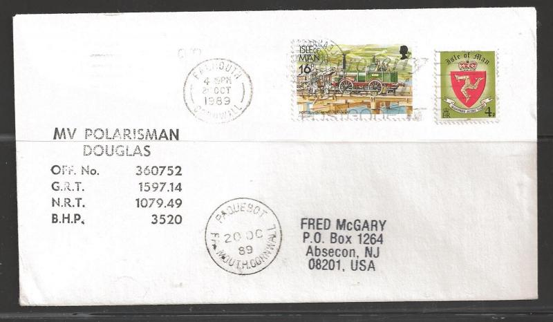 1989 Paquebot Cover, Isle on Man stamps mailed in Falmouth, Cornwall, UK