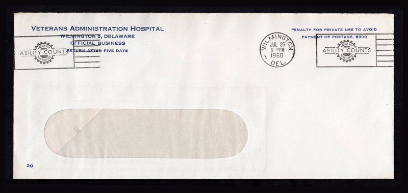 VA HOSPITAL SLOGAN ⭐ ABILITY COUNTS ⭐ METERED ENVELOPE WILMINGTON DE 1960