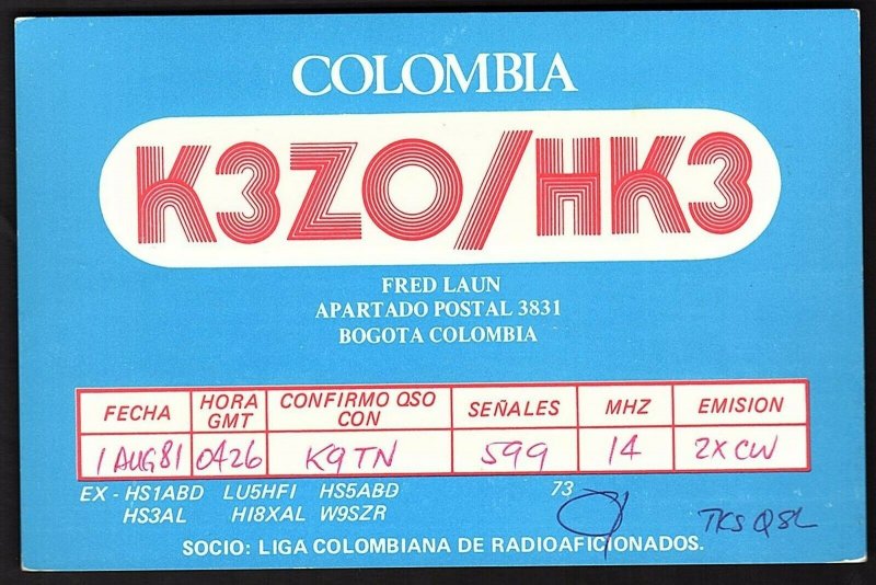 QSL QSO RADIO CARD K3Z0/HK3,Fred Laun,1981, Bogota Colombia (Q2153)