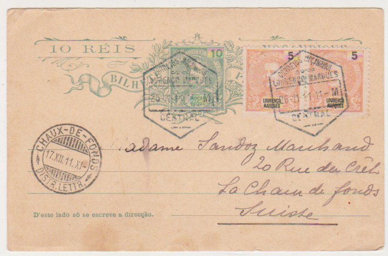 Lourenco Marques Mozambique 1911 10R Postal Card Uprated with 2-5R Used to Swit