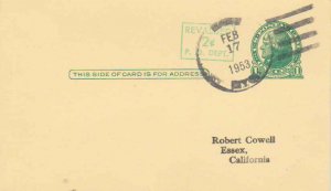 United States Wyoming Kane 1953 4b-bar  1909-1965  Postal Card  Philatelic.