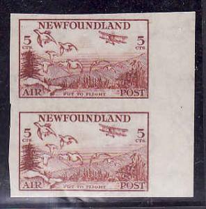 Newfoundland #6894-Scott cat.#C13a-5c red brown airmail-unused imperf pair-top s