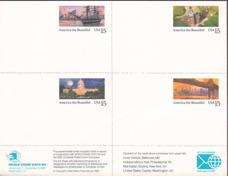 U.S.A. 1989 Sc UX142a World Stamp Expo Experimental Postal Card Sheet Stamp MNH