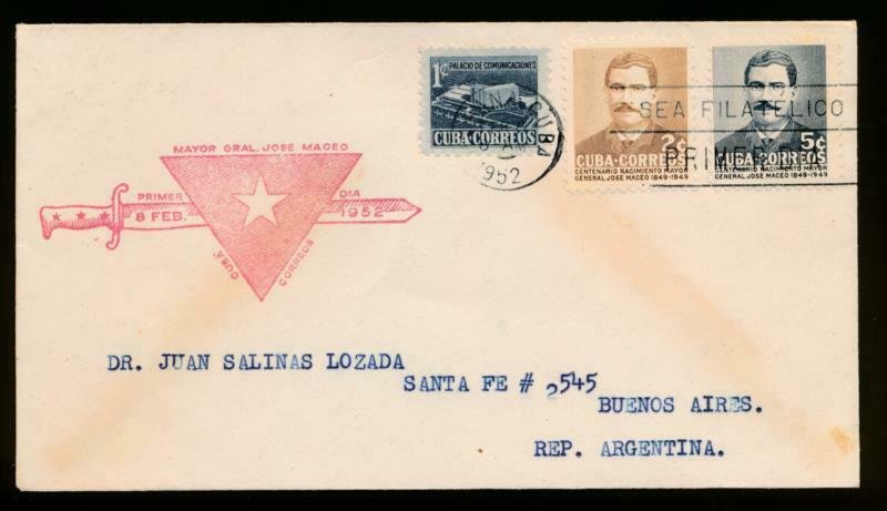 CUBA (US) 1952 FIRST DAY COVER(471-472) + POSTAL TAX TO BUENOS AIRES 