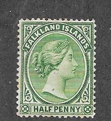 Falkland Islands #9  1/2p Victoria  green,  (MH)  CV.$19.00