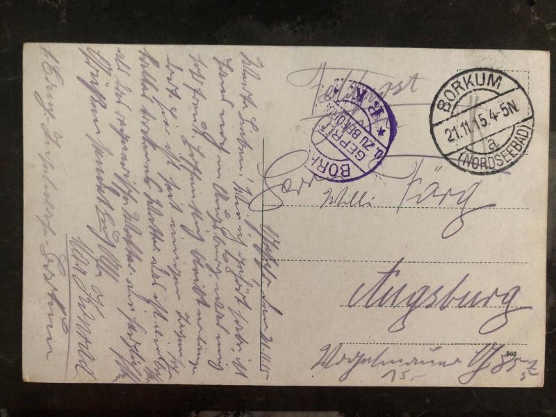 1915 Borkum Germany Feldpost Postcard Cover To Augsburg U Boat 1 Full Ride WWI