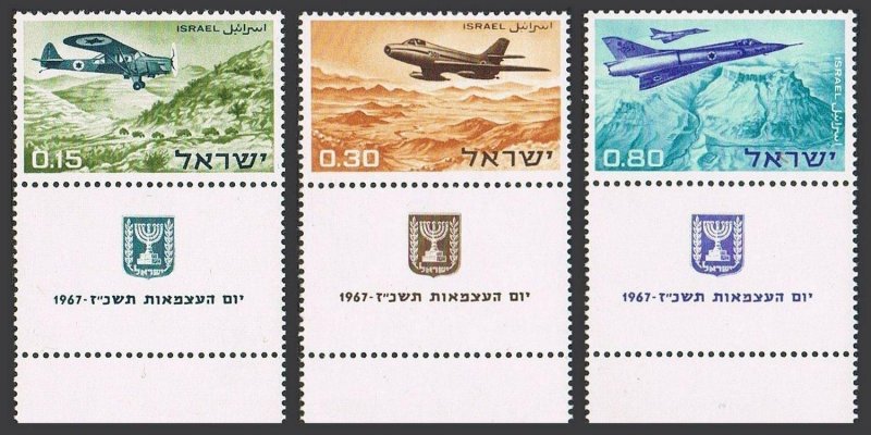 Israel 342-344-tab, MNH. Mi 387-389 zf. Independence Day,1967. Military aircraft
