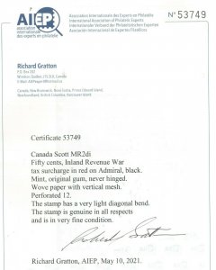 Canada #MR2di Very Fine Never Hinged **With Certificate**