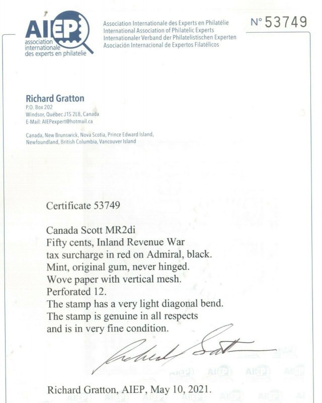 Canada #MR2di Very Fine Never Hinged **With Certificate**