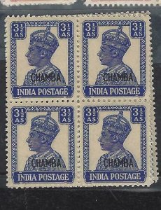 INDIA CHAMBA (P1808B)  KGVI  3 1/2A     SG 115   BL OF 4       MNH 