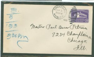 US 4526 3c Washington Bi-centennial pre-stamped envelope with Chicago, IL duplex cancel 3/3/33 @ 3:30 pm.