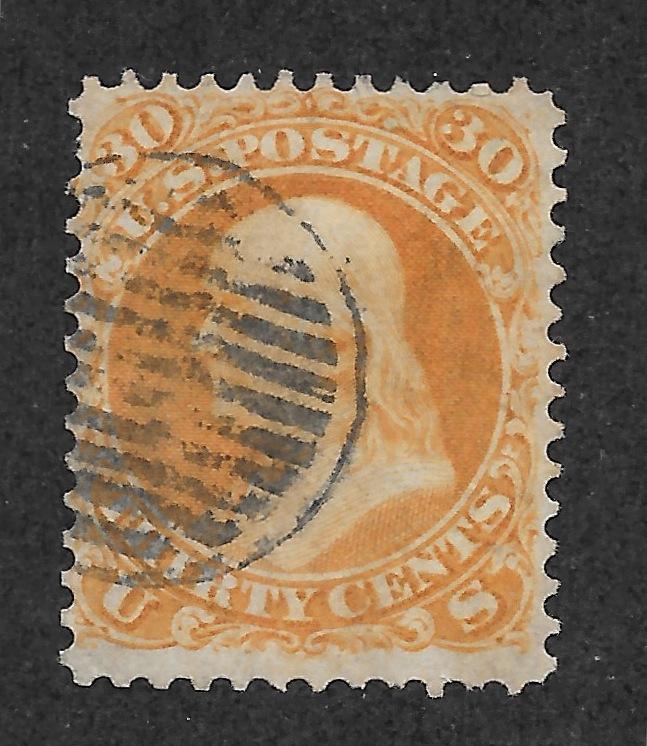 71 Used 30c. Franklin,  scv: $210,  Fancy Grid Cancel, Free, Insured Shipping