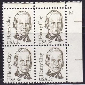 U.S. 1980 Great Americans 3cent Henry Clay Plate Number Block VF/NH