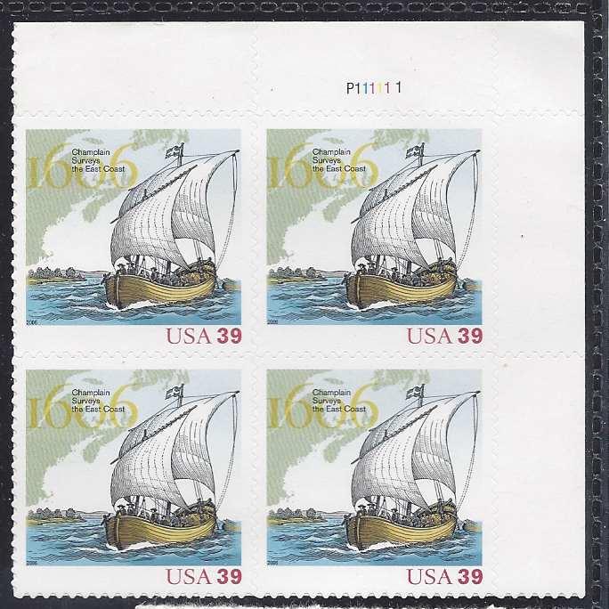 4073Catalog # Champlain surveys the East Coast Ship 39ct Plate block