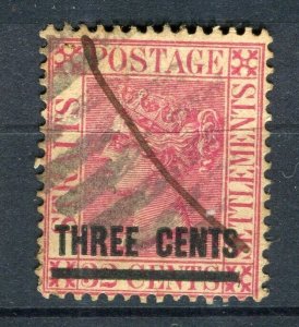 MALAYA; 1891-92 early classic QV surcharged issue fine used THREE CENTS