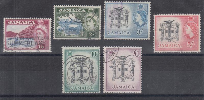 Jamaica Sc 169-174 used 1956 QEII definitives, high values to long set of 16