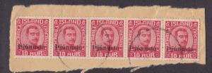 Iceland # O71, Official Stamps, Used strip of five on paper