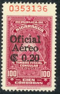 NICARAGUA 1961 20c on 100cor Consular Service Stamp Airmail Official Sc CO53 MLH