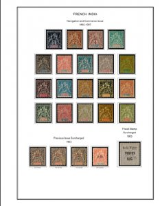 COLOR PRINTED FRENCH INDIA 1892-1954 STAMP ALBUM PAGES (29 illustrated pages)