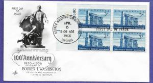 1074 BOOKER T. WASHINGTON 3c 1956 U/A ARTCRAFT FIRST DAY COVER, PL. BLK/4