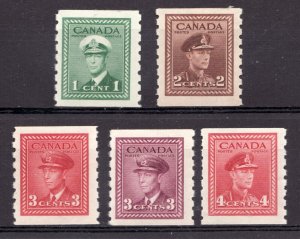1942-43 Canada WWII Sc# 263-67 KGVI - MH & MNH coil stamp set - Est$17.75