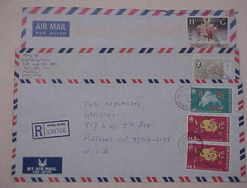 HONG KONG  $5.00 on 3 COVERS EXPRESS REGISTERED TO USA 1984,1985,1987