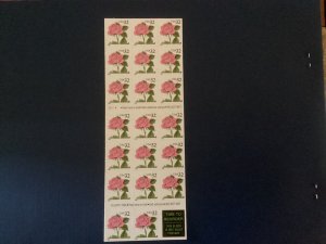 US Scott #2492a Pink Rose Booklet Pane of 20 32c self adhesive  stamps MNH