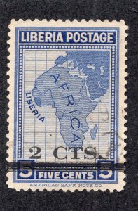 Liberia 1944-46 2c on 5c Surcharge, Scott 290A used, value = $2.75