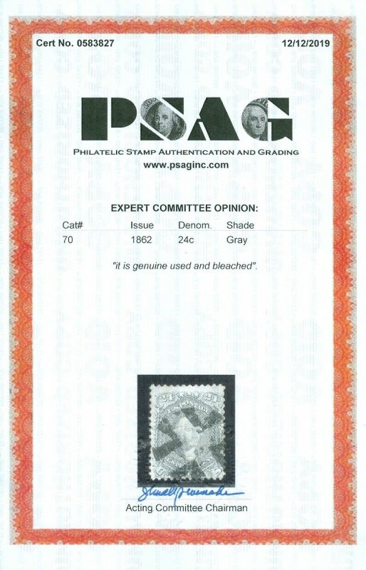 EDW1949SELL : USA 1862 Scott #70 Used with nice cancel PSAG Certificate Cat $275