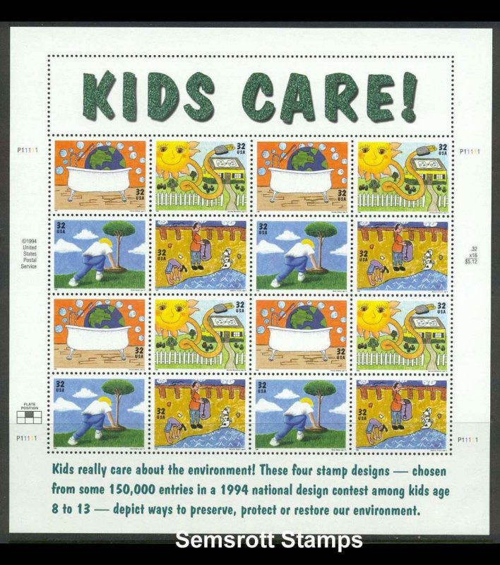 # 2951 - 2954 Kids Care Earth Day 32¢ Sheet 1995  MNH 