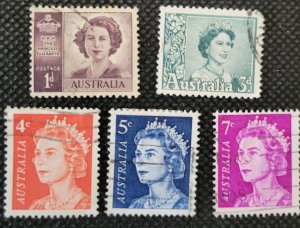 Australia, 1947-71, Five Q. E. II issues, #210,316,397,399,402a, used, SCV$1.50