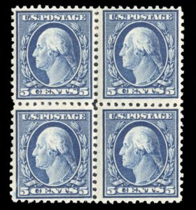 United States, 1910-30 #504 Cat$49, 1917 5c blue, block of four, top stamps h...