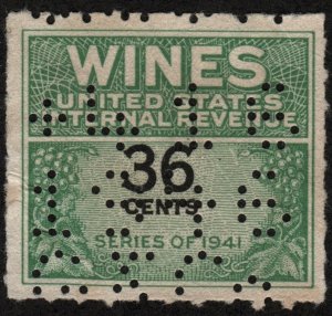 RE135 36¢ Wine Revenue Stamp (1942) Perfin