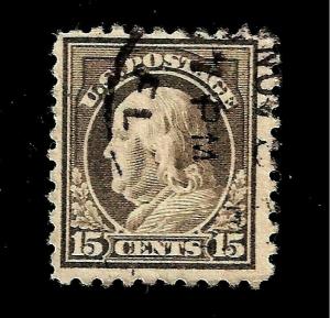 US 1916 Sc # 475 15 CENT FRANKLIN - USED -  PM Cancel - Crisp Color