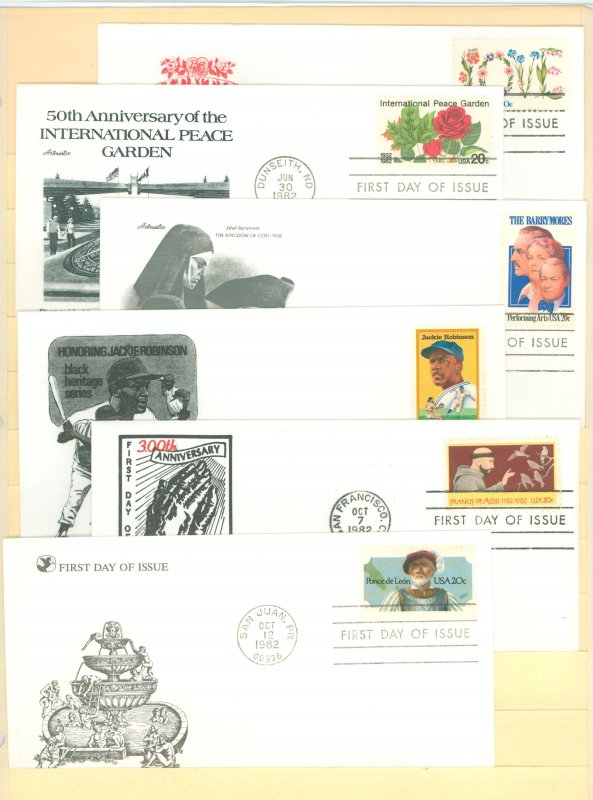 US 1951/2023 1982 6 different FDCs. U/A. Artmaster, 1 Cachet Classic & 1 Reader's Digest cachet. Love, The Barrymores. I...