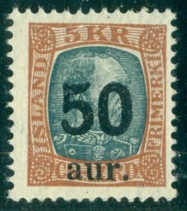 ICELAND #138 (102) 50a/5kr Ovpt, og, NH, F/VF, Facit $225.00