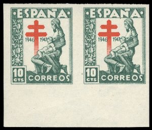 Spain #RA22var, 1946 Postal Tax Stamps, 10c green & red, imperf. horizontal p...