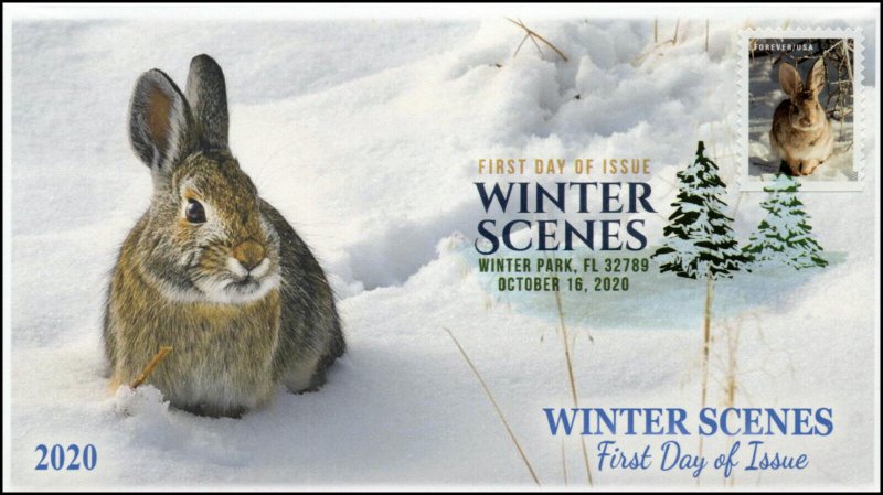 20-246, 2020, Winter Scenes, FDC, Digital Color Postmark, Cottontail Rabbit