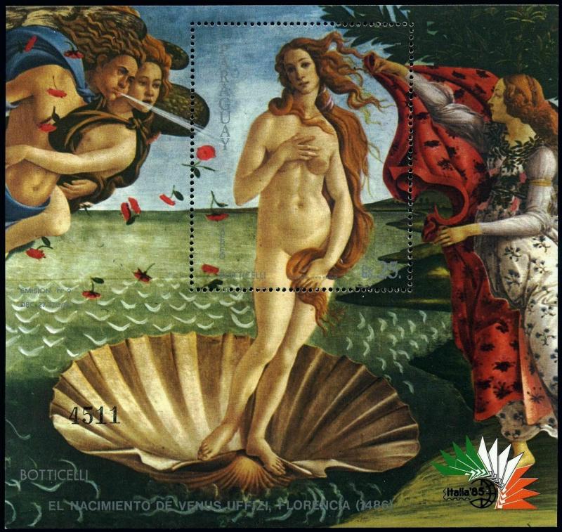 Paraguay C628 sheet,MNH.Michel Bl.423. The Birth of Venus,by Botticelli,1985.