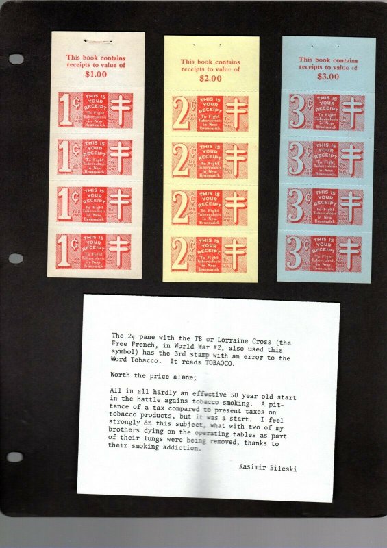 NEW BRUNSWICK 7 DIFFERENT 1 WITH ERROR MNH TOBACCO TAX COMPLETE PANES 1940-1941 