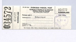 GB Durham OVERSEAS PARCEL POST LABEL 1980 *Sunderland* SPECIMEN {samwells}XG216