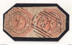 Tas007 1853 Australia Tasmania Four Pence Uncut Pair Stamped 18 Cambeltown Gi...