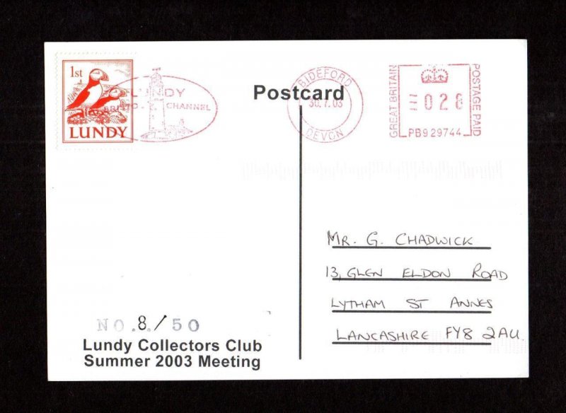 LUNDY: LUNDY STAMP ON 2003 LUNDY COLLECTORS CLUB POSTCARD 