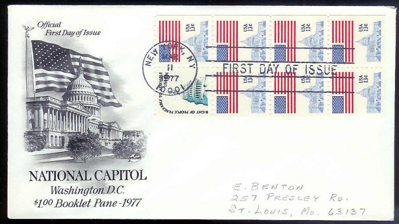 UNITED STATES FDC National Capitol B'klet Pane 1977 Artcraft