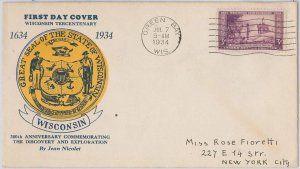 52529 - UNITED STATES - CACHET FDC COVER: Scott # 739 1934 - WISCONSIN STATE