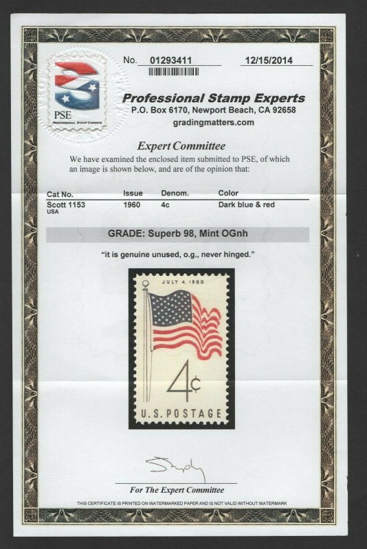 Scott #1153 Mint OGnh PSE Cert. Superb-98 SMQ $60  (LB 10/17)